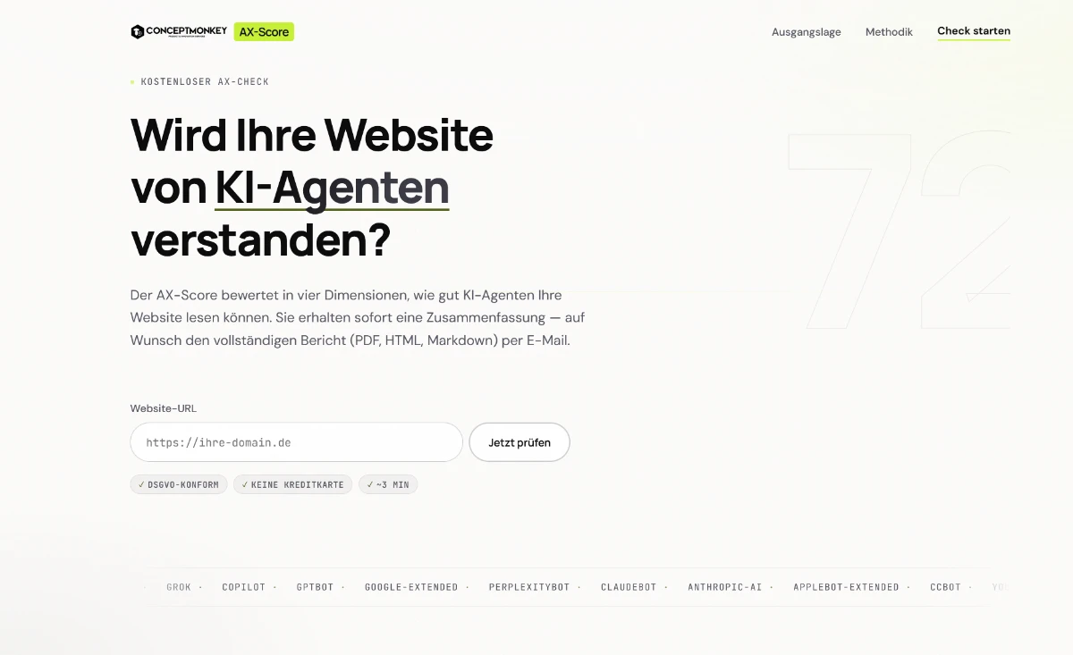 AX-Check Landing — URL eingeben, AX-Score erhalten
